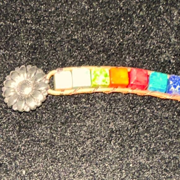 Boho leather wrap square stone rainbow colored bead bracelet flower clasp - Picture 7 of 7